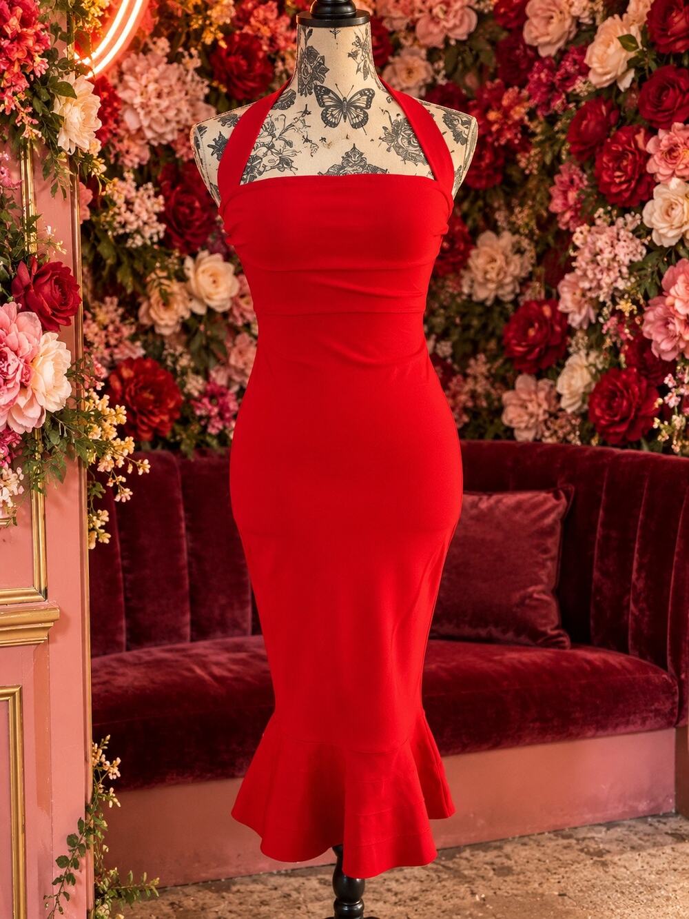 Red Halter Bodycon Maxi Dress Mermaid Fishtail Hem Y2K Formal Evening